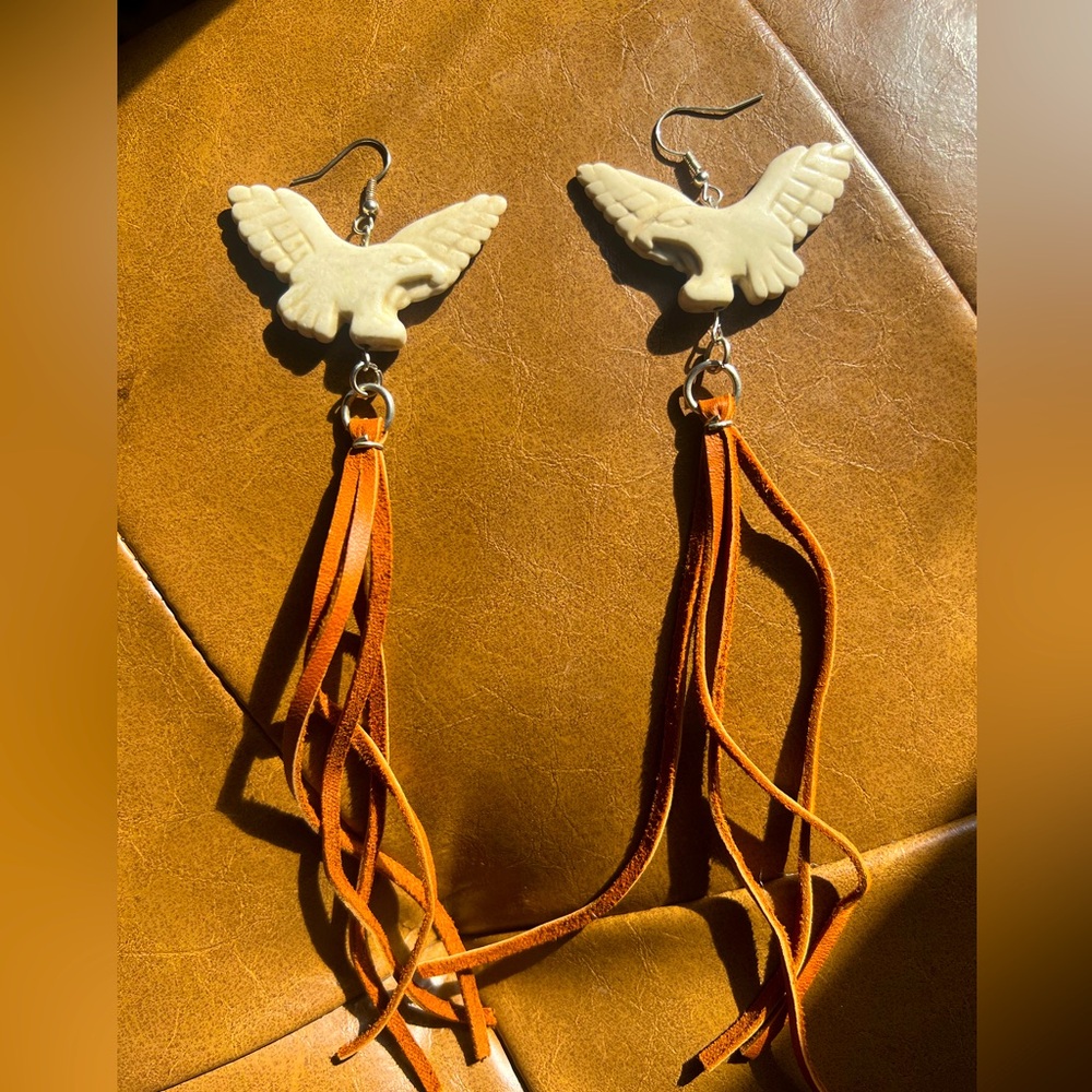 Cream Bird Earrings with Orange Tassels